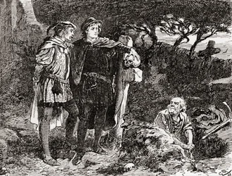 Szene aus William Shakespeares Stück Hamlet, Akt V, Szene 1, Hamlet: Ich kenne ihn, Horatio, ein Mann von unendlichem Witz, von ausgezeichneter Fantasie, aus Die Werke von William Shakespeare, veröffentlicht 1896