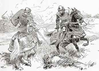 Szene aus William Shakespeares Stück König Heinrich IV., Teil 1, Akt V, Szene 3, Earl of Douglas: Alles ist getan, alles ist gewonnen, hier liegt der König atemlos, aus Die Werke von William Shakespeare, veröffentlicht 1896