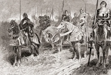 Szene aus William Shakespeares Stück König Heinrich V., Akt IV, Szene 2, Lord Grandpré: Die Reiter sitzen wie feste Leuchter mit Fackelstäben in der Hand, aus Die Werke von William Shakespeare, veröffentlicht 1896
