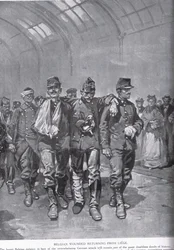 Belgische Verwundete kehren aus Lüttich zurück, aus „Hutchisons Geschichte der britischen Nation“, ca. 1920