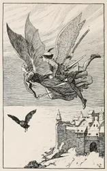 Der reisende Begleiter flog hinter ihr her, aus Märchen von Hans Anderson, veröffentlicht 1919 (Gravur)