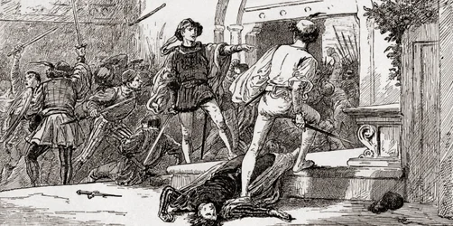 Tybalt wird von Romeo getötet, Szene aus William Shakespeares „Romeo und Julia“, 3. Akt, 1. Szene, aus „Die Werke William Shakespeares“, veröffentlicht 1896