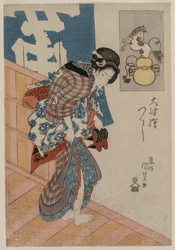 Frau verlässt ein Badehaus aus der Serie Bilder aus Otsu, um Mitte der 1820er Jahre