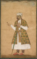 Ein Höfling, möglicherweise Khan Alam, hält einen Spinell und ein Dekkan-Schwert, ca. 1605-1610