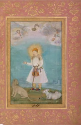 Akbar mit Löwe und Kalb, Folio aus dem Shah Jahan Album, verso: ca. 1630, recto: ca. 1530-50