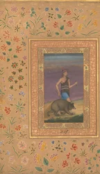 Derwisch führt einen Bären, Folio aus dem Shah Jahan Album, recto: ca. 1630-40, verso: ca. 1530-40