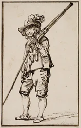 Ein stehender Soldat mit einer Muskete über der Schulter