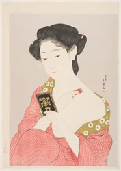 Eine Frau im Nagajuban, die ihren Hals pudert