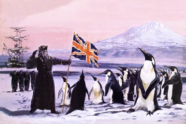 James Clark Ross pflanzt den Union Jack in das antarktische Eis im Jahr 1840
