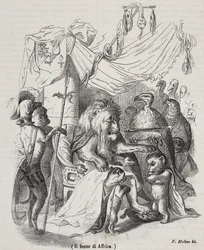 Löwe von Afrika, Charakter der Geschichte des afrikanischen Löwen und drei junger Löwen, Lithographie von Filippo Molino nach einer Zeichnung von Jean-Jacques Grandville