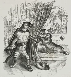 Tiger rückt mit Dolch vor, Karikatur von Jean-Jacques Grandville (1803-1847), Lithographie von Gaetano Riccio aus Poliorama Pittoresco, Nr. 39, 7. Mai
