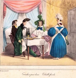 Die lebende Karte des Restaurateurs: Essiggurke für zwei, kaltes Huhn 1831-32 (Lithografie)