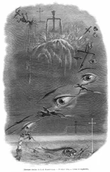 Eine Szene, die der Karikaturist Grandville während eines Albtraums kurz vor seinem Tod träumte. Georges Bataille schrieb über diese Gravur: Der Verbrecher träumt, dass er gerade einen Mann in einem dunklen Wald geschlagen hat. Menschliches Blut wurde verg
