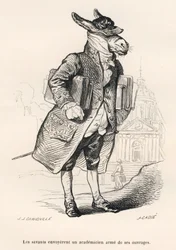 Akademischer Esel beladen mit Büchern. Vignetten illustriert von JJ Granville. Gravur signiert Caque in dem Teil "Eselführer für Tiere, die zu Ehren gelangen wollen" geschrieben von Honore De Balzac in "Szenen aus dem privaten und öffentlichen Leben der Ti