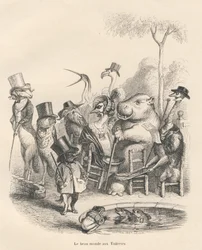 Tiere in eleganter Kleidung spazieren in den Tuilerien. Illustrierte Vignetten von JJ Granville. Gravur signiert Andrew, Best und Leloir im Teil "Geschichte eines Hasen" geschrieben von PJ Stahl in "Szenen aus dem privaten und öffentlichen Leben der Tiere"