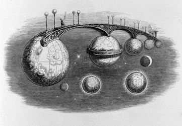 Brücke, die mehrere Planeten miteinander verbindet - Gravur von Grandville