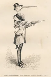 Storch als Arzt, der einen Klistier manipuliert. Vignetten illustriert von JJ Granville. Gravur signiert Andrew, Best und Leloir in der Partie "Peines de cour d