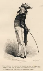 Hahn, der stolz an der Kampfschranke entlang marschiert. Vignetten illustriert von JJ Granville. Gravur signiert von Caque im Teil "Geschichte eines Hasen" geschrieben von PJ Stahl in "Szenen aus dem privaten und öffentlichen Leben der Tiere". Paris, J. He