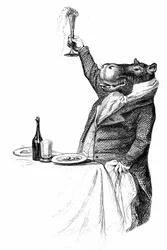 Detail einer Gravur von Grandville, entnommen aus dem Buch „Privates und öffentliches Leben der Tiere“ (Les animaux peints par eux-mêmes), Ausgabe Hetzel 1867 - Nilpferd an einem Tisch, das sein Glas erhebt und einen Toast ausbringt.