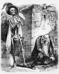 La Fontaines Fabel: Der Tod und der Holzfäller, Gravur von J.J. Grandville, ca. 1838-40