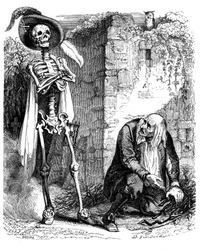 Der Tod und der Holzfäller: Fabel von La Fontaine, illustriert von Grandville.