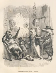 Der faule Gähner, der wartet. Illustrierte Vignetten von JJ Granville. Gravur signiert Godard im Teil "Die tierischen Ärzte" geschrieben von Pierre Bernard in "Szenen aus dem privaten und öffentlichen Leben der Tiere". Paris, J. Hetzel et Paulin