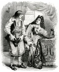 Der Schuster und der Finanzier: Fabel von La Fontaine, illustriert von Grandville.