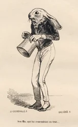 Ängstlicher Hase im Dandy-Kostüm. Illustrierte Vignetten von JJ Granville. Gravur signiert Breviere im Teil "Geschichte eines Hasen" geschrieben von PJ Stahl in "Szenen aus dem privaten und öffentlichen Leben der Tiere". Paris, J. Hetzel et Paulin