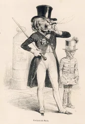 Löwe von Paris. Illustrierte Vignetten von JJ Granville. Gravur signiert Andrew, Best und Leloir im Teil "Reise eines afrikanischen Löwen nach Paris" geschrieben von Honoré de Balzac in "Szenen aus dem privaten und öffentlichen Leben der Tiere". Paris, J. 