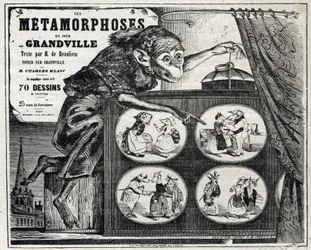 Literatur. Die tägliche Metamorphose, vom Karikaturisten Jean Jacques Grandville. Plakat, Frankreich