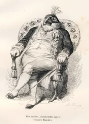 Pfau sitzt auf seinem Sessel. Vignetten illustriert von JJ Granville. Gravur signiert Porret im Teil "Esel-Führer für Tiere, die zu Ehren gelangen wollen" geschrieben von Honoré De Balzac in "Szenen aus dem privaten und öffentlichen Leben der Tiere"