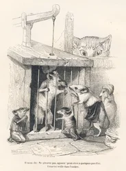 Falle: Katze lauert auf Mäuse, die gekommen sind, um den Gefangenen zu betrauern. Vignetten illustriert von JJ Granville. Gravur signiert Andrew, Best und Leloir in dem Teil "Der philosophische Ratte" geschrieben von Edouard Lemoine in "Szenen aus dem priv