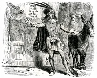 Der Scharlatan: La Fontaine Fabel illustriert von Grandville. Edition Garnier 1860. Dieser Skipper macht es schwer, jeden Esel zum Wissenschaftler zu machen.