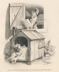 Ein fauler Hund in seiner Nische, geweckt von einem Hahn, der bei Tagesanbruch singt. Vignetten illustriert von JJ Granville. Gravur signiert Breviere in der Partie "Histoire d
