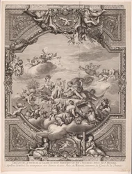 Apollo verteilt Belohnungen und Minerva krönt das Genie Frankreichs (Plafondschilderungen im Palast von Versailles)