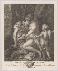 Venus trauert um Adonis, sitzt unter einem Baum und umarmt ihn, mit Amor rechts, ca. 1786