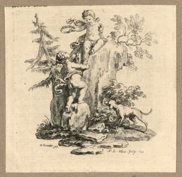 Amor und ein Mädchen auf einem Felsen