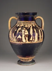Athenische attische schwarzfigurige Amphore, Lydos zugeschrieben, mit Theseus, der den Minotaurus tötet, 550-40 v. Chr.