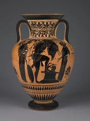 Attische schwarzfigurige Amphora mit Herakles, der den erymanthischen Eber trägt, ca. 510 v. Chr.