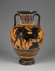 Attische schwarzfigurige Halsamphora mit Herakles und Zentaur, ca. 480-60 v. Chr. (Terrakotta)