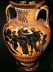 Attische schwarzfigurige Vase, die Synthos, Demeter, Hermes und den Fährmann darstellt, ca. 535-540 v. Chr.