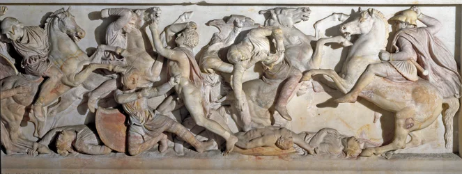 Griechische Kunst: Sarkophag Alexanders des Großen. Darstellung der Schlacht von Issos 333 v. Chr.