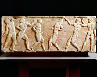 Griechische Zivilisation, Stele, die Athleten im Gymnasium darstellt, aus der Nekropole Kerameikos in Athen, Griechenland, 510 v. Chr.