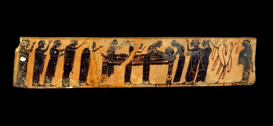 Griechische Kunst: Fragment einer Vase mit schwarzen Figuren in Keramik, die eine Beerdigungszeremonie darstellt: Darstellung des Leichnams des Verstorbenen und der obligatorischen Klagen um das Totenbett, 6. Jahrhundert v. Chr. Paris, Louvre