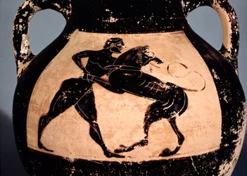 Herakles kämpft mit dem nemeischen Löwen, Detail von einer attischen schwarzfigurigen Amphore