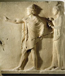 Hermes agoraios und eine Wohltätigkeit, Relief aus dem Durchgang der Theores, von Thasos, ca. 470 v. Chr.