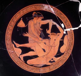 Minotaurus von Theseus getötet - Griechische Vase im Museo Archeologico de Firenze. Innenansicht der Pentic-Schale mit roten Figuren, Maler von Dokimasia. 480 v. Chr. (Minotauro)