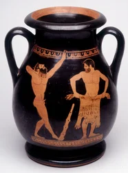 Malerei auf Vase: Herakles (Herkules) bereitet sich vor, das Löwenfell anzuziehen, ein Athlet zu seiner Linken wärmt sich auf. 490 v. Chr. BNF, Medaillenamt
