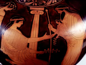 Malerei auf Vase: Jupiter (Zeus) präsentiert den jungen Dionysos (Bacchus) zwei Frauen. 480 v. Chr. BNF, Münzkabinett.
