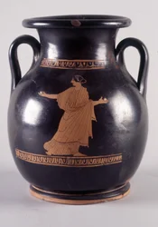 Malerei auf Vase: Darstellung von Orithye, die Ball spielt, sie ist die Tochter des Königs von Athen. Sie wird von Boreas verfolgt, dargestellt auf der anderen Seite der Vase (35250), 440 v. Chr. BNF, Medaillenamt
